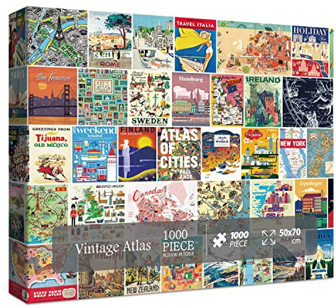 Vintage Travel Puzzle for Adult 1000 Piece, World Atlas Landmark Jigsaw Puzzle, Ireland London Italy Map Puzzle