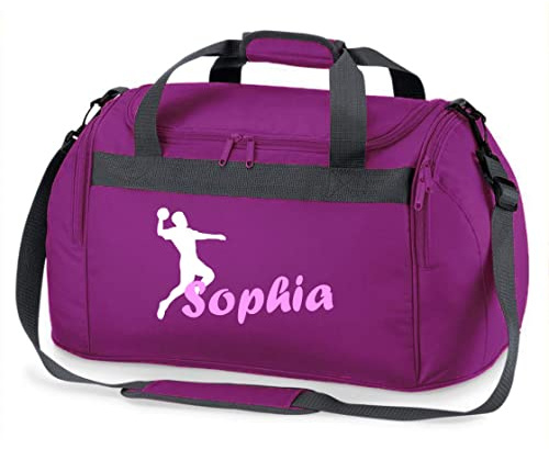 Sporttasche mit Namen Bedruckt für Kinder | Personalisierbar mit Motiv Handball | Reisetasche Duffle Bag für Mädchen und Jungen | Handballspieler Sport (lila)