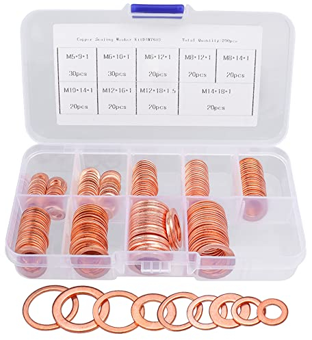 Mesee 200 Pieces Copper Washer Assortment Kit M5 M6 M8 M10 M12 M14 Sump Plug Oil Seal Flat Washers Metric Copper O Ring Sealing Gasket Replacement Set (9 Sizes)