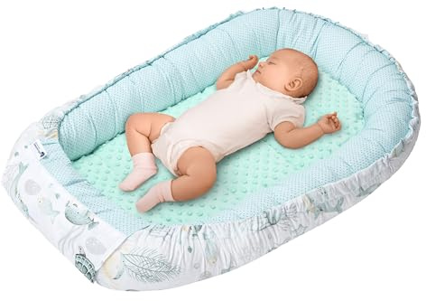 Medi Partners Babynest Nestchen für Neugeborene - 100x60x15 Babynestchen Baby zweiseitg Nest Bett 100% Baumwolle Minky Kuschelnest tragbar (Ozean mit Minze Minky)