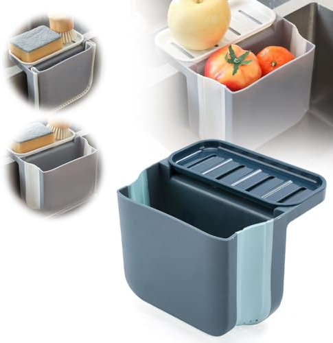 Dry and Wet Separation Trash Can, Teleskopischer Abtropfkorb für Küchenspüle, 2023 Neuest Küchenspüle Teleskop Abtropfkorb, Faltbares Küchenspüle Abflusskorb, Siebkorb über Spüle Abtropfsieb (Blau)