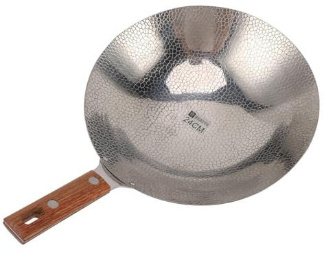 Wok de Acero Inoxidable con Base para Inducción, Sartén Profunda para Saltear, Mango de Madera, Antiadherente, Fondo Plano