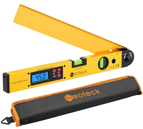 Neoteck 225° 16 inch Digital Angle Finder Aluminum Protractor with LCD Backlight Digital Angle Measuring Tool with Horizontal and Vertical Bubble for Woodworking, Construction, Machinery - Golden