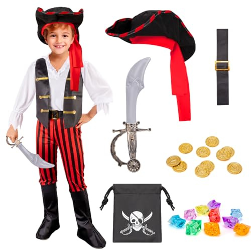 MELAND Pirate Costume Kids, Boys Girls Dress up with Pirate Hat, Boot-covers for Kids Aged 3 to 10, Fancy Dress for Kids & Toddlers Pirate Day Halloween Costumes (Black, M(5-6 Years))