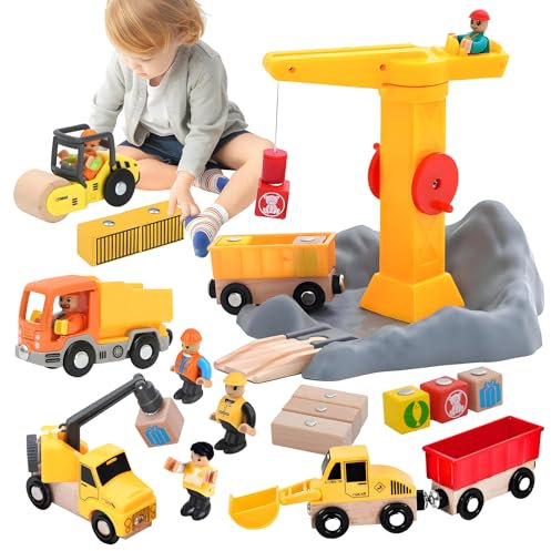 RoserRose Baustellenfahrzeuge Kinder Kran Spielzeug, Baufahrzeuge Kinder Holzspielzeug, mit Turmkran Bagger Kranwagen Muldenkipper Straßenwalze, Geschenk für ab 3 4 5 6 Jahre Junge