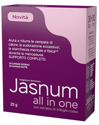 Jasnum All in One | Integratore Menopausa Completo | Con Isoflavoni di Trifoglio Rosso, Acido Folico, Vitamine e Melatonina | Per Vampate, Equilibrio Ormonale, Insonnia e Vitalità | 60 Capsule