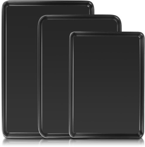 Terlulu Baking Tray, Baking Trays for Oven Non Stick Set of 3, Carbon Steel Cookie Sheet Pan for Baking Cooking Serving, Multi-Pack Set Oven Trays, Heavy Duty & Easy Clean, Dark Black