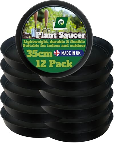 LBS Horticulture 12 Pack Plant Pot Saucers 35cm – Outdoor & Indoor Drip Trays, Frost & Crack Resistant, High Rim Black Plant Trays, Prevent Surface Damage, Reusable, UK Made