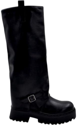 Stivali Donna al Ginocchio Shark Risvolto Pelle Nero Fibbia Fondo Combat zigrinato 5 cm con Zip a Tutta Lunghezza (38 EU)
