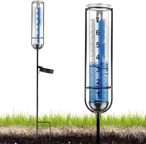HOSPAOP Pluviómetro solar de jardín con LED y estaca – Vidrio resistente a las heladas, medición precisa de la lluvia para césped, terraza, campos, patio, decoración al aire libre