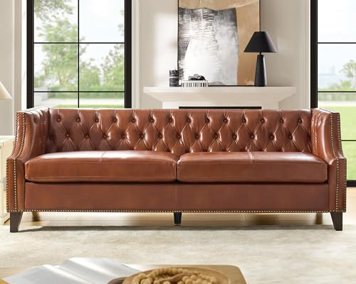 HULALA HOME 84 Genuine Leather Sofa Couch with Solid Wood Legs, Button-Tufted Chesterfield 3-Seater Sofa, Mid Century Modern Upholstered Couch for Living Room, Entertainment Area, Apartment, Saddle