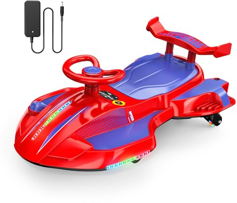 12V Electric Wiggle Car Ultra with Pedals, Rechargeable Swing & Drift Car, Anti-Rollover Design with Backrest, Spray, Flashing Lights, Music & Bluetooth, for Ages 3 and Up, 150 lbs(Red + Purple)
