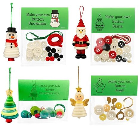 Pcingsia 4pcs Diys Christmas Button Ornament Making Set, Christmas Tree Button Ornament Craft Kit With Snowman/Santa/Angel, DIY Handmade Supplies Gift1 For Kids Teens Adults