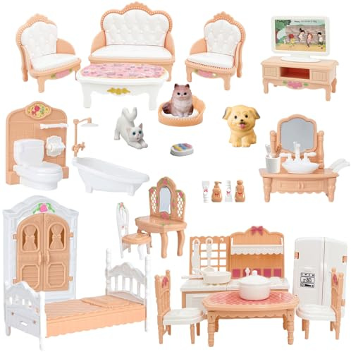 Xadothat Dollhouse Furniture Set, Complete Room Collection with Kitchen, Dining, Living Room, Bedroom and Bathroom Accessories, Plastic (36-Piece Hrown)