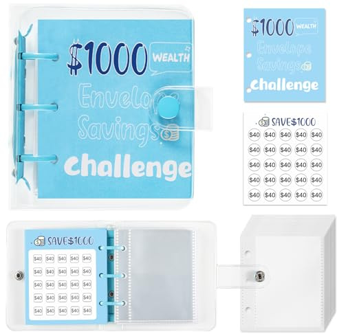 RSORGN Mini Money Saving Challenge Binder, Portable Budget Book with Cash Envelopes to Save $1000 for Home Office School Finance Planning (Blue)