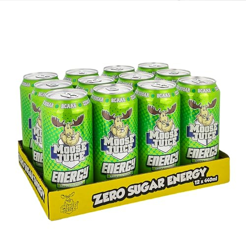 Moose Juice // Clean Energy + BCAA Drink // Only 14 kcal // 141mg Caffeine // Zero Sugar & Aspartame // Vitamins // Green Apple Flavour // 12 x 440ml Cans