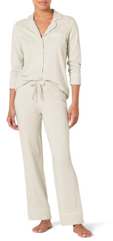 Amazon Essentials Women's Long Sleeve Cotton Modal Pajama Set, Loungewear with Full-Length Bottom, Beige, Small