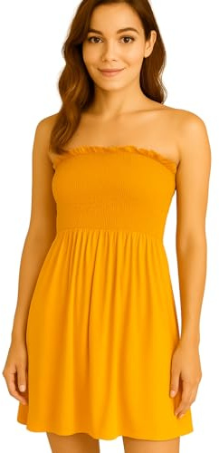 STAR FASHION Women’s Strapless Sheering Ruched Bandeau Dress Plain Boob Tube Sleeveless Midi Dress Summer Holiday Beach Flared Dress Soft Stretch Mustard 16-18