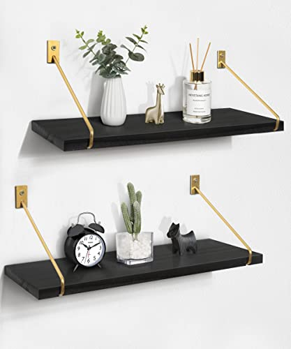 Gronda Wandregal schwarz 2er Set Holz Schweberegale Gold Metall Hängeregal Aufbewahrungsregal Küche modernes Dekor Wand schwimmende Regale für Wohnzimmer Schlafzimmer Badezimmer Flur