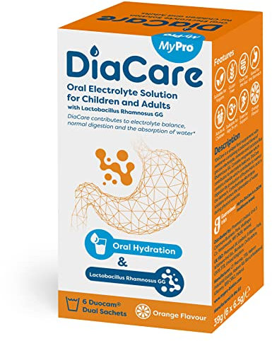 DiaCare Oral Rehydration for Children and Adults | Electrolytes and Probiotic | Orange Flavour | 6 Sachets