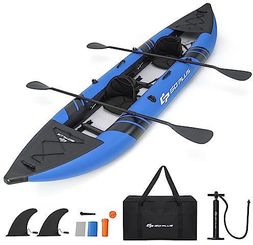 Goplus Inflatable Kayak, 2-Person Kayak Set for Adults with 507 LBS Weight Capacity, 2 Aluminium Oars, EVA Padded Seat, 2 Fins, Hand Pump, Carry Bag, Repair Kit, Portable Touring Kayaks (Blue)