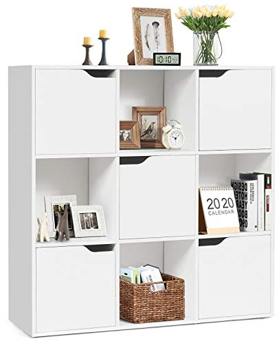 KOMFOTTEU 3 Ebenen Bücherregal, Bücherschrank mit 9 Fächern, Würfelregal freistehend, Standregal Büroregal mit Magnetverschuss, Aktenregal 90 x 29 x 90 cm (Weiß)