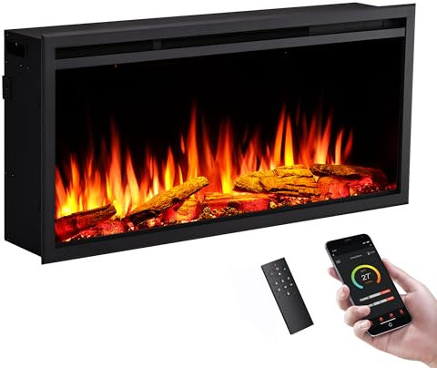 FLAMME 40”/102cm Castello Platinum Smart Inset Media Wall Electric Fireplace Compatible with Alexa and Google Assistant Deep Fuel Bed Perfect for Media Wall