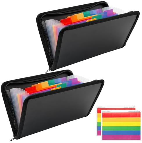 Keboyoe 2 Piezas Archivador Acordeon A6, Carpeta Archivadora con Cremallera, 13 Compartimentos, Carpeta de Acordeon con Etiquetas Organizador de Documentos para Cheques,Recibos,Facturas,Tickets(Negro)