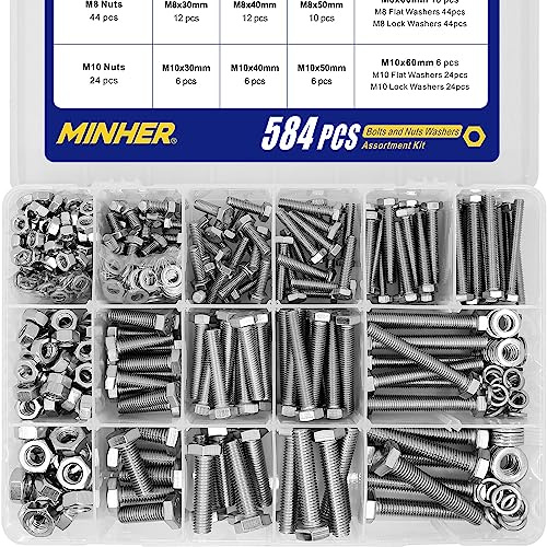 MINHER 584 stycken M6 M8 M10 304 rostfritt stål sexkantskruvar bultar och muttrar brickset, maskinskruvar skruvar 10–60 mm