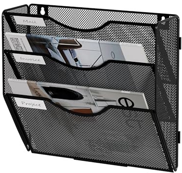 Senhoglb Organizer per cartelle di file, 3 ripiani in rete da appendere, portariviste, organizer da parete con tasche, organizer per documenti in metallo, organizer per posta da parete per ufficio e