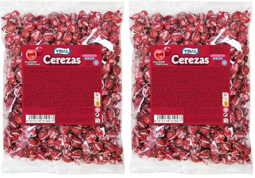 Vidal Golosinas Cherries. Caramelo de goma grageado sabor cereza. Bolsa de 200 unidades. (Paquete de 2)
