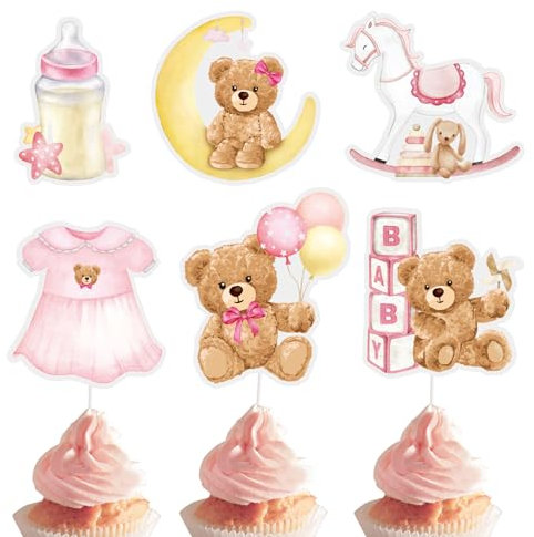 GEBETTER 24Pcs Toppers Tarta Baby Shower Bautizo Niña, Decoración Adorno Pastel Torta Papel Cartón Cartulina Osito Biberón Ropa Bebé Caballo Madera Fiesta Cumpleaños Nacimiento Gender Reveal (Rosa)