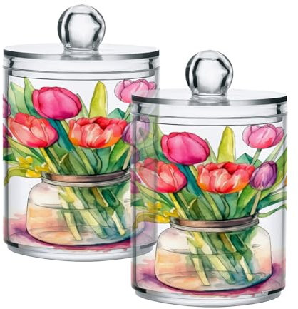 Paquete de 2 tarros de almacenamiento para dispensador de tulipanes, ramo de tulipanes, frascos de almacenamiento de baño, organizador de maquillaje transparente, almohadillas de bolas de algodón,