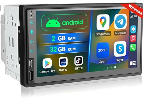 7 Zoll Doppel Din Autoradio mit Wireless CarPlay, Android Auto CarPlay Radio mit Bildschirm, 2+32G Android Autoradio Bluetooth Car-Play Display mit Navi, WiFi, AM/FM/RDS, AUX/SWC, GooglePlay