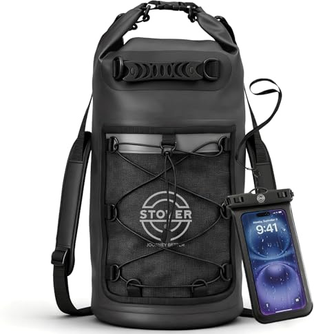STOVER 5/10/25/30/40L Waterproof Dry Backpack & Phone Case- Large Floating Dry Bag for Kayaking, Travel, Hiking, Fishing, Camping, Motorcycles & Beach, Heavy-Duty Roll Top Men/Women (Black)