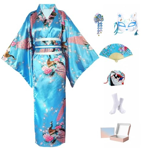 Ensemble Kimono Japonais Femme 9 Pièces - Yukata Satin avec Obi, Nœud Papillon, Masque Renard, Éventail, Tabi, Pochette et Barrette - Déguisement Geisha Large pour Carnaval & Cosplay Coffret Cadeau