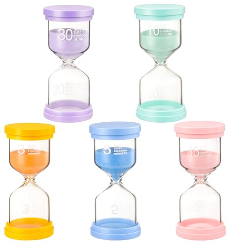 Avernest 5 Pièces Sablier Kit,3/5/10/15/30 Minutes Sablier Sensoriel,Timer Enfant Apprentissage,pour à la Vie des Enfants, à L'étude, Au Chronométrage des Jeux et à la Décoration du Bureau à Domicile