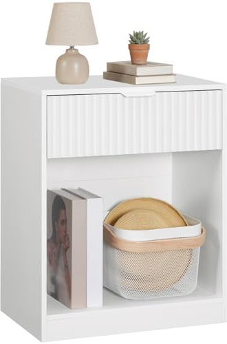 HOOBRO Mesita de Noche Acanalada con Estante y Cajón, Mesilla de Noche de Estilo Rústico con Tirador Metálico, Mesa Auxiliar para Dormitorio, Salón o Despacho, Blanco EWT208BZ01