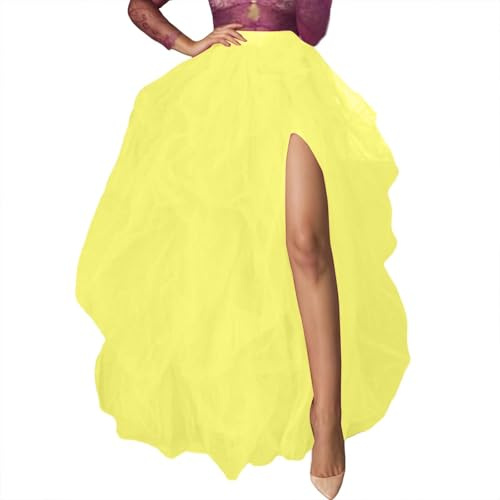 Gonna lunga da donna in tulle, maxi gonna a vita alta, con fessura, in rete multistrato, per carnevale, Halloween, feste, costume da sera, #010-giallo, Taglia unica