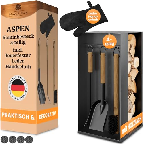 BLACK OAK ASPEN Ustensile de cheminée 4 pièces avec gant en cuir – Couverts de four pratiques et représentatifs avec manche en bois 4 pièces support + tisonnier – Pelle à cendres – Accessoires de