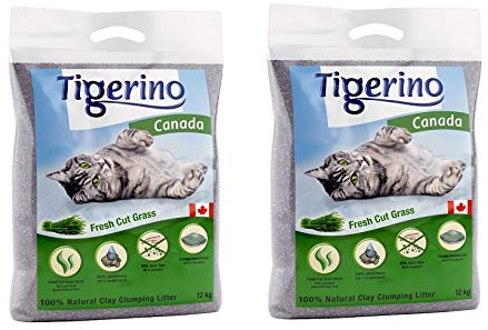 Tigerino Premium Katzenstreu, ergiebige Klumpstreu aus Naturton-Granulat: feinkörnig, schnelle und Starke Klumpenbildung, bindet Gerüche (2x12kg, Duft nach frischem Gras)