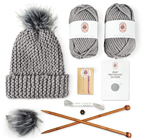 Knitting Kits for Beginners Adults – Practical and Easy to Use Hat Knitting Kit with Yarn, Bamboo Knitting Needles, Faux Pom Pom – Complete Beginners Knitting Kit – Lovely Present for Women and Men