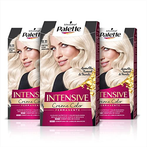 Palette Intensive Creme Color 1-1 Rubio Ultra Platino, tinte permanente con aceite de macadamia y almendras, cubre el 100% de las canas y raíces, para un pelo radiante, Pack 3
