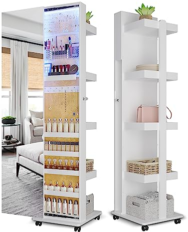 Figbird Armoire à bijoux LED rotative à 360 °,trois couleurs à intensité variable,avec miroir sur toute la longueur,organisateur de bijoux 4 roulettes et compartiment de rangement arrière Blanc