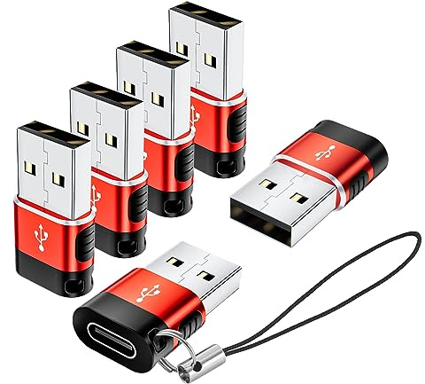 BaseNew USB to USB C Adapter 6 Pack, USB Type C Adapter, USB A to C Adaptor, USB-C Female USB-A Male Converter for iPhone 16 15 14 13, MacBook, iPad, Car Play, Charger, Red