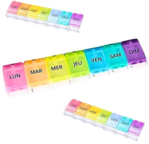 Pilulier Semainier Français 7 jours | Pilulier de poche Grande Capacité | Rangement médicaments pour jour de semaine | Boite à pilule portable idéal voyage | Boite à pilules Arc-en-ciel | Sans BPA