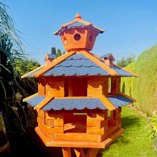 DARLUX Villa para pájaros resistente a la intemperie, de L a XXL, comedero, con o sin soporte, en color marrón con rojo, verde o azul, para jardín y balcón (tamaño XXL, sin soporte, azul – marrón)