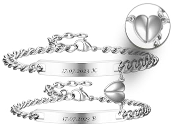Zysta Pärchen Armband mit Gravur Partnerarmbänder Magnet Herz Anhänger Verstellbar Namen Armband Personalisierte BFF Partner PaarGeschenk (Silber)