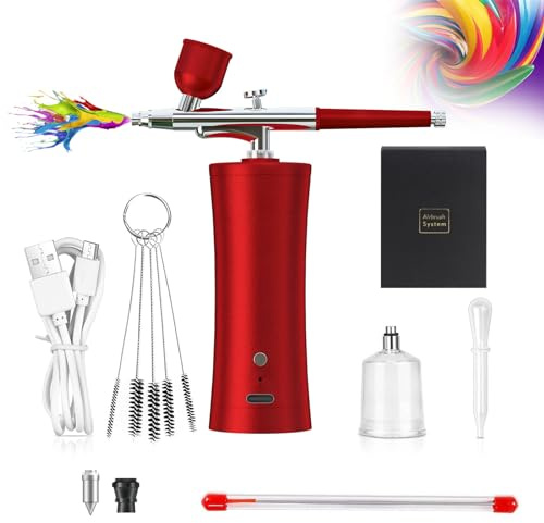 Holzsammlung Mini Aerógrafo Set,Kit de Aerógrafo inalámbrico portátil y Juego de Aerógrafo de Mano Recargable, para Maquillaje, Pintura, Modelado, Manualidades, Manicuras, Tatuajes #(Rojo)