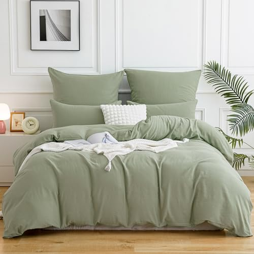 ATsense Doppellagige Baumwolle Bettwäsche 135x200 4teilig, Flaches Leinenartiges Aussehen Bettwäsche-Sets mit 2 Kissenbezüge 80x80cm, ÖKO-TEX Bettbezug Salbei Grün mit Reißverschluss